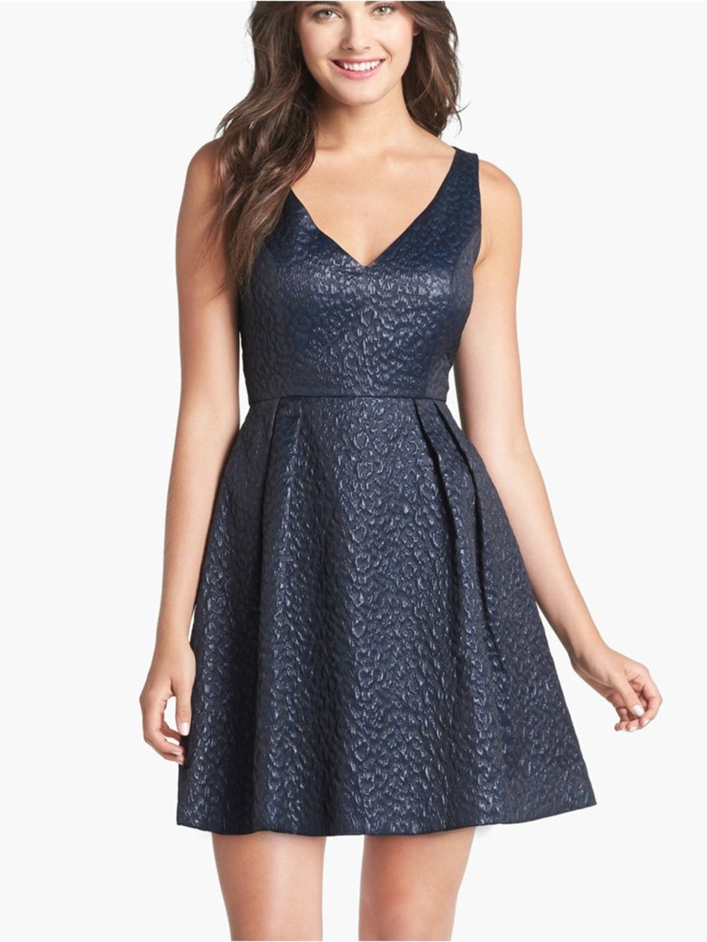 French Connection Navy Textured V-Neck Fit-and-Flare Mini Dress